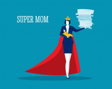 hero woman mother doing office work homework alone super mom